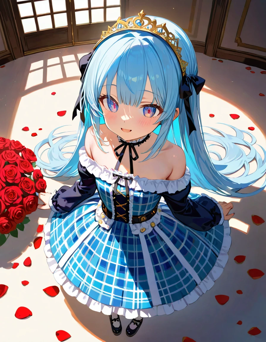 masterpiece, best quality, extremely detailed, (illustration, official art:1.1), 1 girl ,(((( light blue hair)))), ,(((( light blue long hair)))),light blue hair, ,((blush)) , cute face, big eyes, masterpiece, best quality,(((((a very delicate and beautiful girl))))),Amazing,beautiful detailed eyes,blunt bangs((((little delicate girl)))),(((tareme))),droopy eyes.(true beautiful:1.2), sense of depth,dynamic angle,,,, affectionate smile, (true beautiful:1.2),,(tiny 1girl model:1.2),)(flat chest),((Masterpiece)), (Anime:1.3), ((best quality)), (super detail:1.2), (High Definition:1.3), (Professional Photography:1.2), (sharp focus), (perfect light), (fisheye), wide shot, (()), cute , Plaid dress, (Off-Shoulder dress), hoop dress, wearing toy tiara, lolita fashion, (loose blunt bangs), :3, ((Vibrant Pose)), exposed bare shoulder and arms, lolita style, cute smile, (naughty smile), open mouth, pretty, (Healthy slim body), emo style, red checker, (((Body is surrounded by Rose flowers and petals: 1.8))), ribbon belt, white lilies,、Impressive eyes, gradient eyes