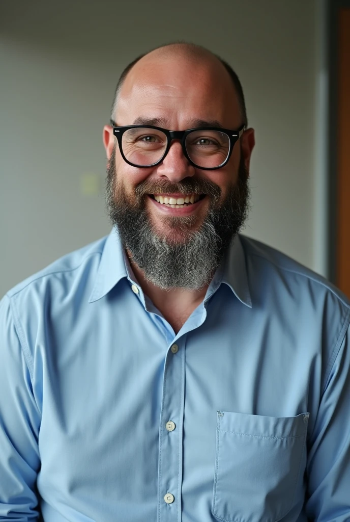 Now create a senior sales man, with a Brazilian face, 30years, with a salesman&#39;s manner. plumpness, scruffy beard, half bald. The background should be an office wall, He must be wearing a light blue dress shirt. He must have glasses and a slight smile, must be very realistic, he must look like a family man. 
