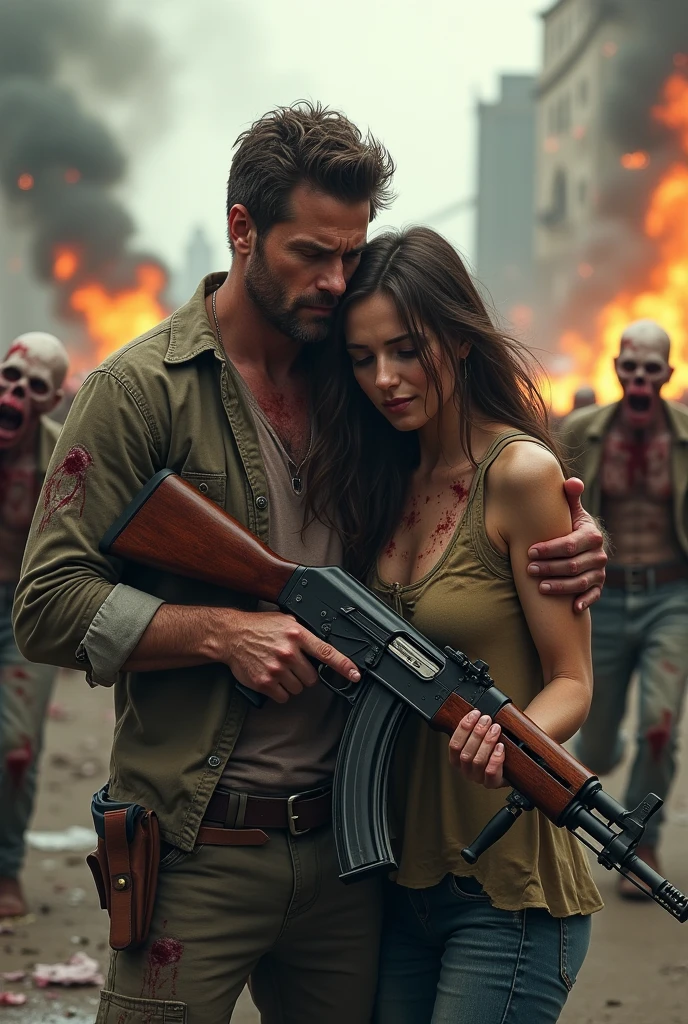 a man with the AK 47 standing and holding his girl while zombies are chasing them during zombies apocalypse, zombies and destroyed and burning city background with burning cars and building, both of them wearing torn clothes