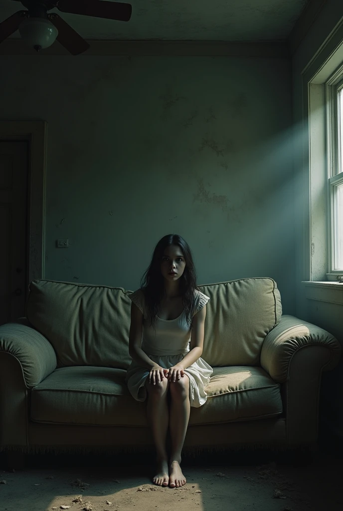 A young scared woman sitting on a worn out couch in a living room