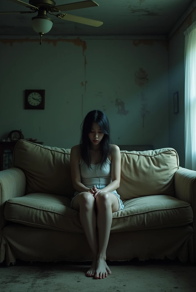 A young scared woman sitting on a worn out couch in a living room