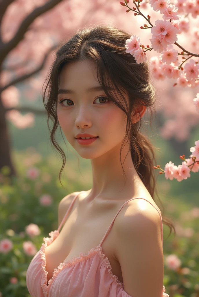 One person,(RAW Photos, Highest quality), (Realistic, photo-Realistic:1.4), masterpiece, Very delicate and beautiful, Very detailed, 2k wallpaper, wonderful, In detail, Very detailed CG unity 8k wallpaper, Very detailed, High resolution, Soft Light, Beautiful detailed, Very detailed eyes and face, Beautifully detailed nose, Beautiful attention to detail,Cinema Lighting,Perfect Anatomy,((Completely naked)),Flowers in the park,Cherry Blossom,garden, smile