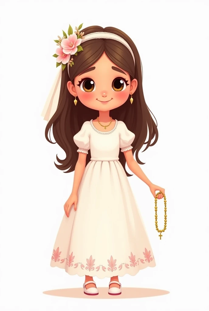 Make me a 2d Pixar style animated illustration,
on a white background of a girl with a sweet and simple style. The girl is dressed for a first communion, wearing a white dress with soft pink details. Her dress has puffed sleeves and a long skirt with small decorative edges at the bottom..
The girl has long brown hair, with a white headband adorned with pink and white flowers on one side. in his right hand, She holds a golden rosary chain that ends in a cross..
The overall style of the illustration is cute and adorable, with a smiling facial expression and big round eyes. The design is simple and lovely, evoking a sense of innocence and purity. Don't make his eyes so big or exaggerated.