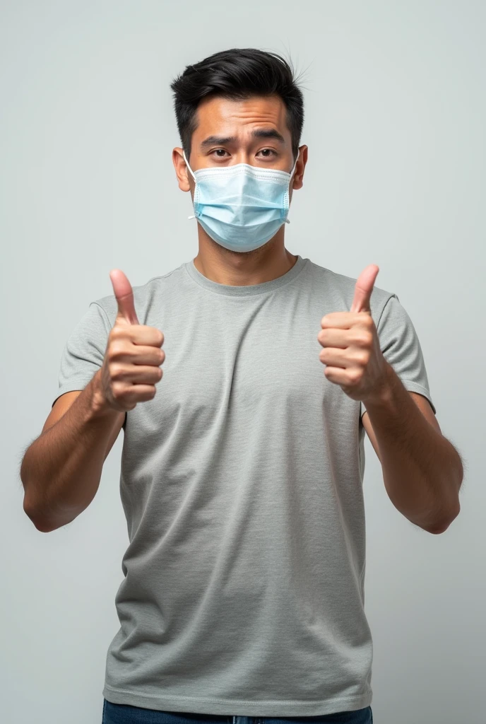 A white man with dark hair, wearing a flu mask giving a thumbs up
