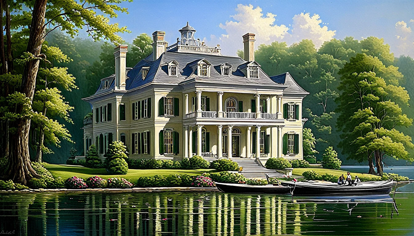 a detailed romantic era style lakeside mansion painting