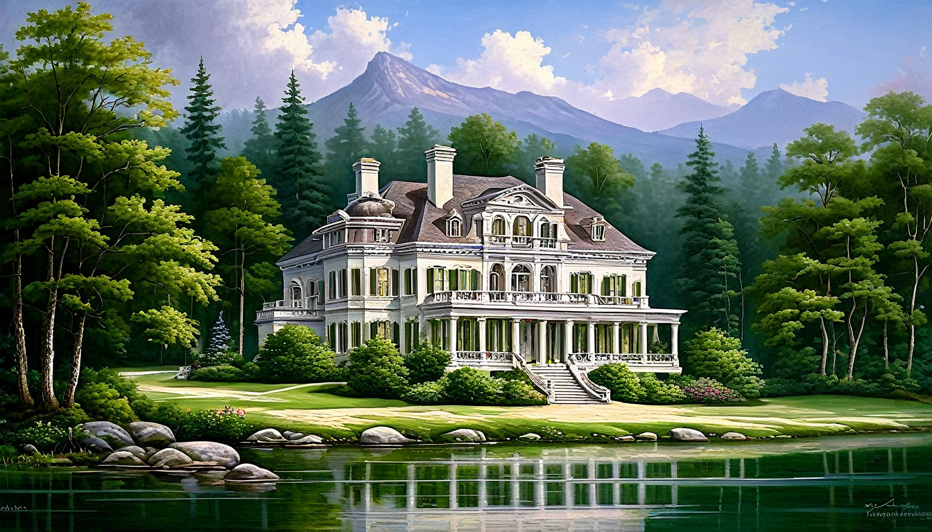 a detailed romantic era style lakeside mansion painting