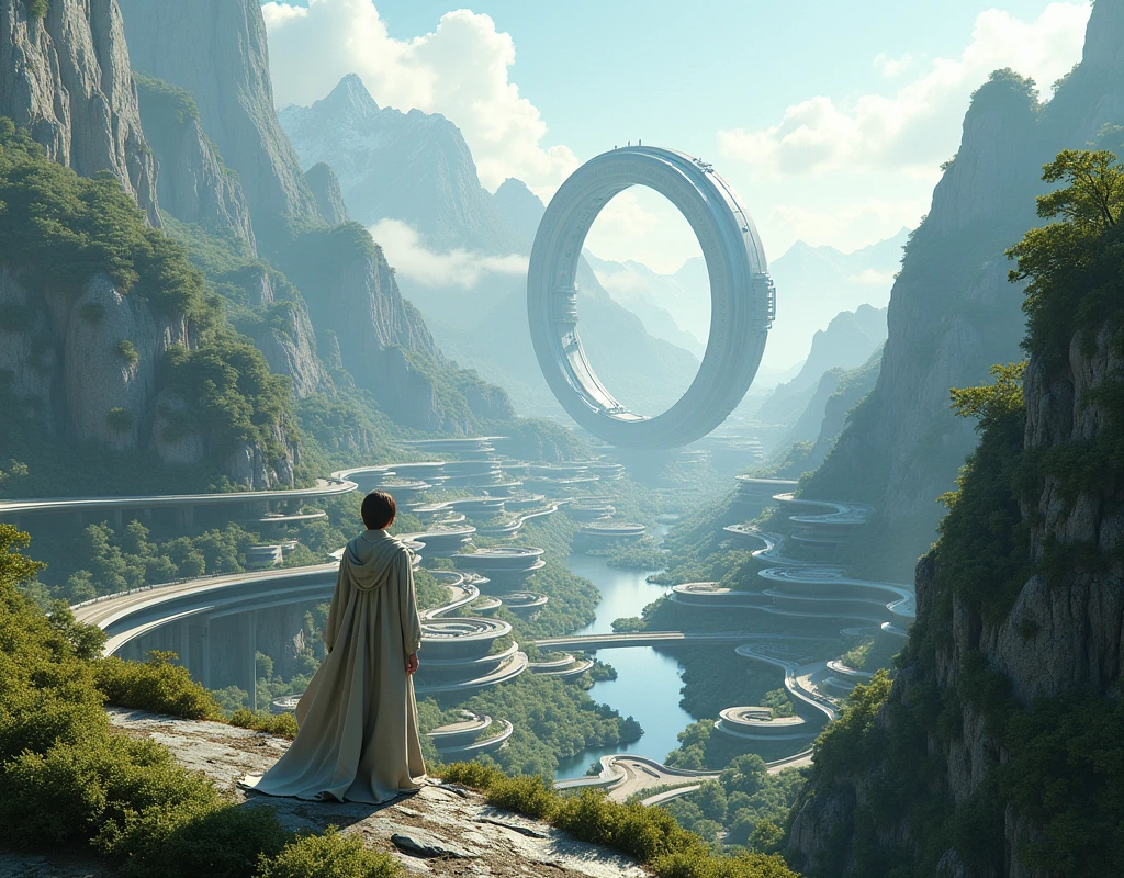 Create a detailed futuristic cityscape nestled in a mountainous region. The city should feature massive circular structures embedded into the cliffs and layers of curved roads, bridges, and terraces that wrap around the mountainsides. Include a lone figure in a flowing cloak standing on a high vantage point, overlooking the expansive city below. The architecture should be modern and sleek, yet harmoniously blended with the natural landscape, with lush greenery and flowing water features. In the background, depict a colossal, ring-like structure hovering in the sky with a city contained within it. The overall atmosphere should convey awe, grandeur, and the seamless fusion of advanced technology with natural beauty, shallow depth of field, natural soft lighting, intricate details, 16k,
