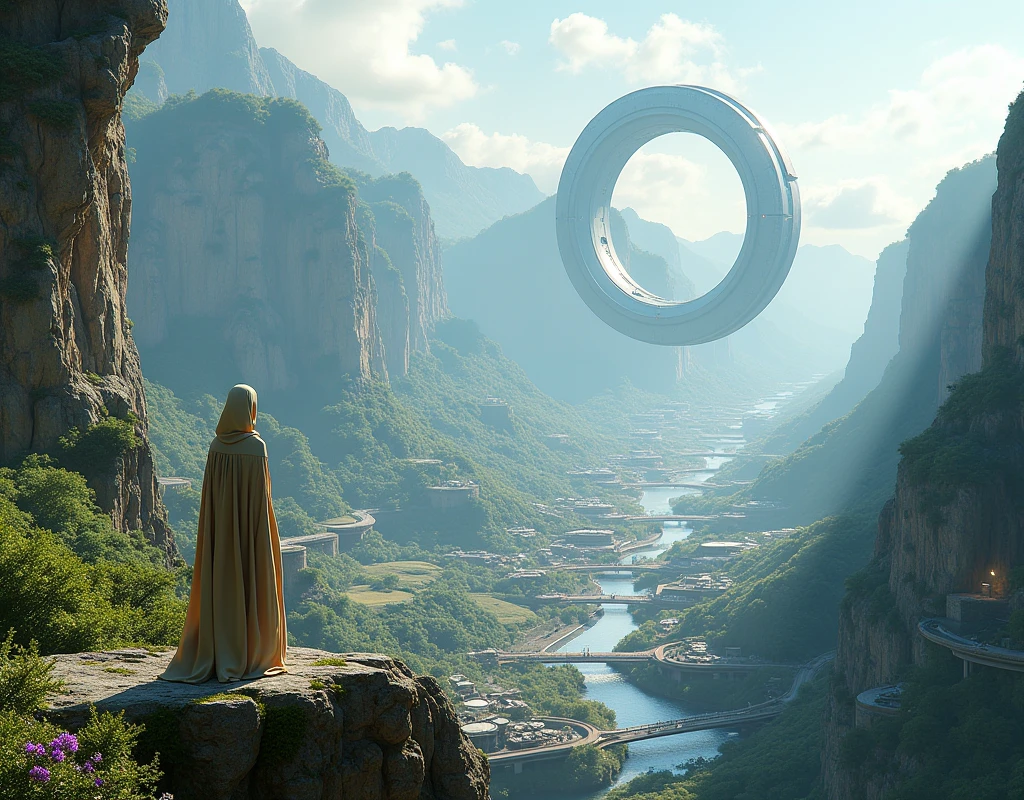 Create a detailed futuristic cityscape nestled in a mountainous region. The city should feature massive circular structures embedded into the cliffs and layers of curved roads, bridges, and terraces that wrap around the mountainsides. Include a lone figure in a flowing cloak standing on a high vantage point, overlooking the expansive city below. The architecture should be modern and sleek, yet harmoniously blended with the natural landscape, with lush greenery and flowing water features. In the background, depict a colossal, ring-like structure hovering in the sky with a city contained within it. The overall atmosphere should convey awe, grandeur, and the seamless fusion of advanced technology with natural beauty, shallow depth of field, natural soft lighting, intricate details, 16k,