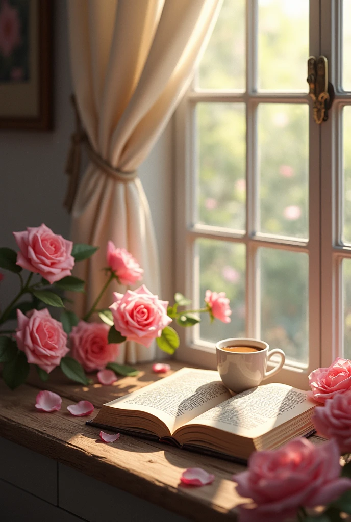 book,coffee,Pink Roses,By the window