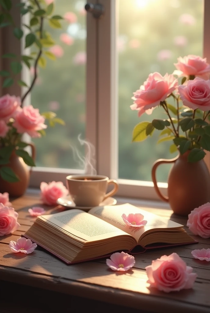 book,coffee,Pink Roses,By the window