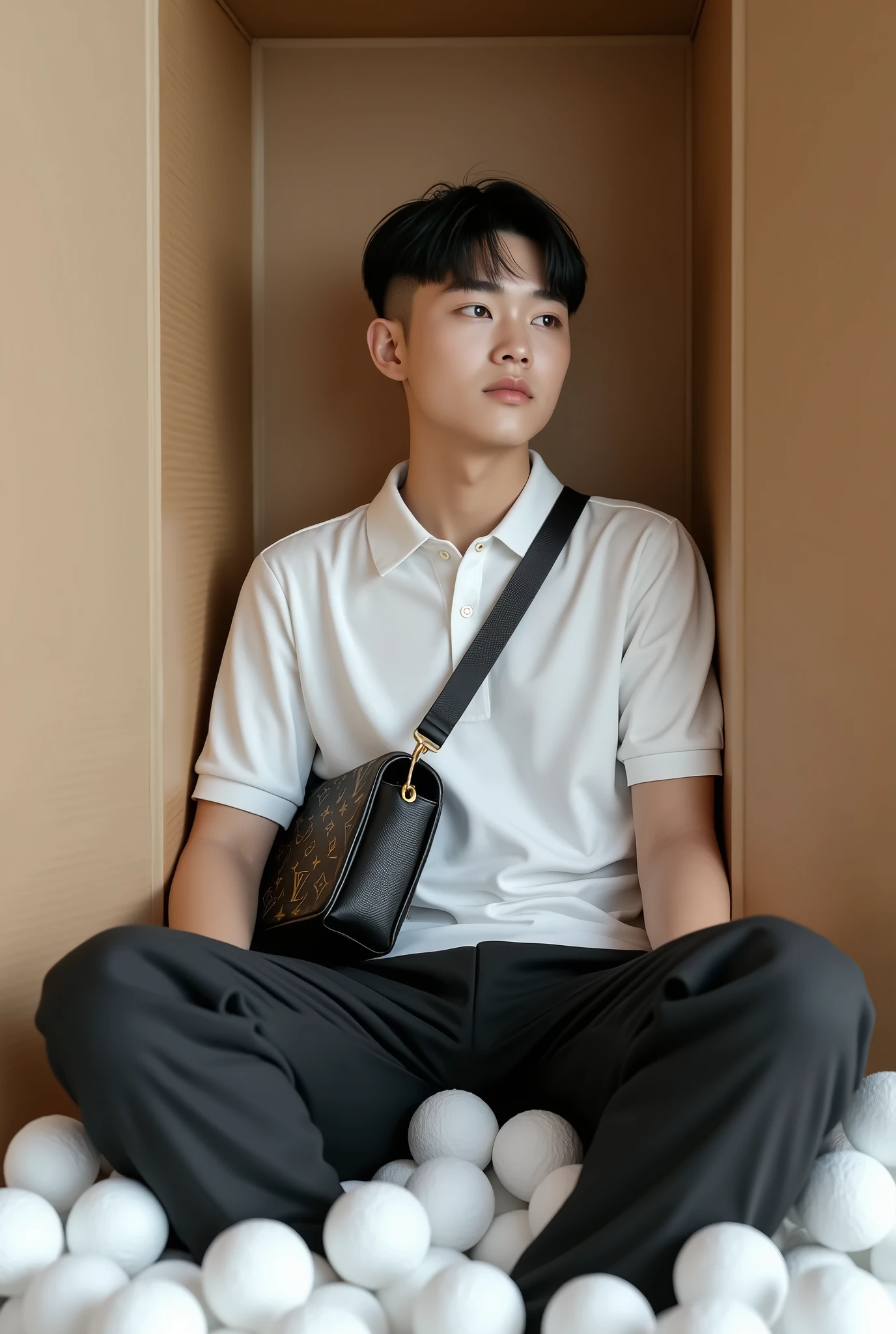 Imagine a handsome Korean man., beautiful and realistic round plump face, dressed in a white polo shirt and black loose trousers, sitting inside a cardboard box with polystyrene, realistic legs, whole body, Spreading your legs, the hair on the head is black, the lower part of the hair is shaved off to half the head, short hair combed forward, straight bangs in crop style, A rectangular black Louis Vuitton bag hangs over her shoulder
