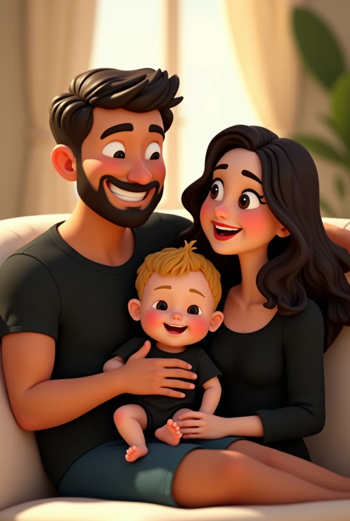Cartoon characters of man have fair skin, short dark hair, with a thin beard. He has a happy expression and is wearing a black t-shirt.. The baby,, who also has fair skin, has short blonde hair. He is wearing a black jumpsuit and is barefoot., with a cheerful expression. The woman, with light skin, has long, dark brown hair, wavy, and is wearing a black long sleeved blouse. She also has a happy expression and appears to be laughing., creating an atmosphere of relaxation and happiness in the image, an animated character, stylized character, animation style rendering, 3d stylized, Arnold Maya rendering, Stylized 3D rendering, toon render screenshot, 3d character, 3d character, Stylized 3D rendering, 3D character rendering, cartoon character, Personagem de close up, character posing, (Pixar-style) (master part:1.2) (bokeh) (best qualityer) (skin detailed) (detailed texture) (8k) (Argilla) (cinematic lighting) (sharp focus,Sit down and lift your upper body