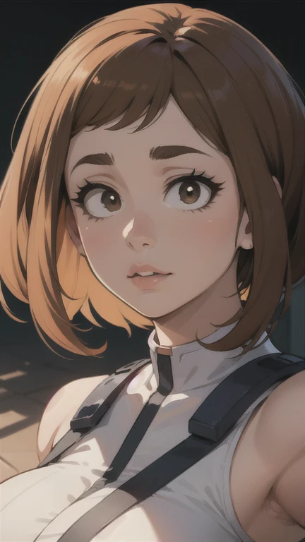 A beautiful detailed portrait of Ochako Uraraka from My Hero Academia, with large breasts, posing in a selfie against a plain white background, elegant and graceful, highly detailed, photorealistic, 8k, masterpiece, intricate details, realistic skin texture, beautiful lighting, soft focus, dramatic shadows, dynamic composition, cinematic color palette, chiaroscuro, dramatic lighting