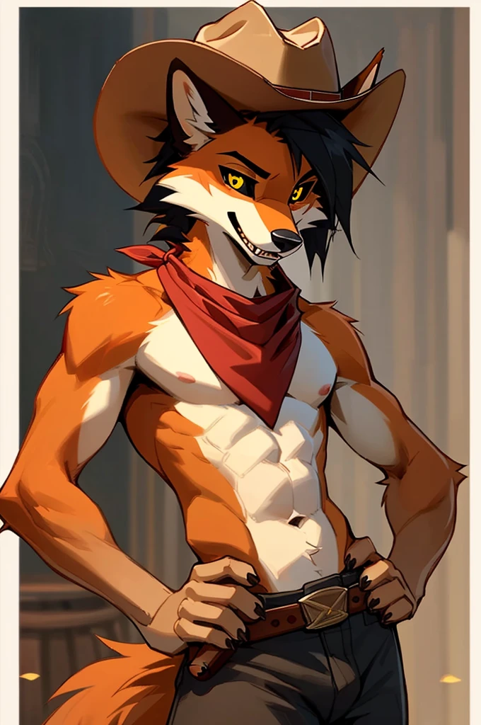 close up, upper body POV, bust, furry, anthro, red fox, long pointed fox ears, fluffy fox tail, ((orange,white and brown fur)), long fluffy mohawk, black hair, messy fur, scars covering body, razor sharp teeth, ((black sclera, yellow pupils)), slim body, handsome, sexy, slender, well built, slightly muscular, tall, ((wearing a shirtless cowboy outfit, red neckerchief, cowboy hat,leather gloves)), pawpads, pink pawpads, wild west background, ((best quality, 4K, UHD, masterpiece, NSFW)), alone, smiling, hands on hips, looking down at viewer, side eye,
