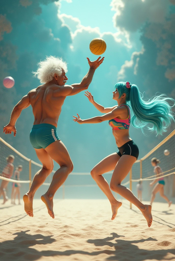 Imagine Albert Einstein playing volleyball with Hatsune Miku