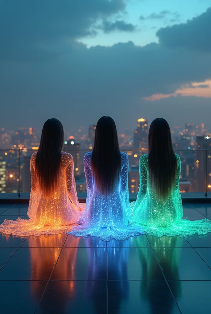 A photorealistic 4K cinematic image of three women sitting together in ...