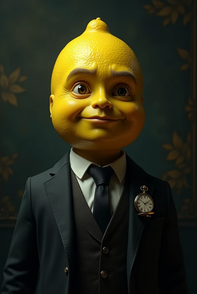 Create a male lemon character with an experienced and mature appearance, wearing a dark, elegant suit. The lemon should have a slightly textured, aged surface., with features that reflect wisdom and experience. Your eyes should be deep and expressive, transmitting an aura of mystery and reflection. The suit must be well fitted, with dark details that match the dark tone of the channel. Add subtle elements, like a dark tie and an old pocket watch, to reinforce the idea of an experienced and enigmatic character. The background should be dark, with dark tones and details that evoke a mysterious and introspective atmosphere.
