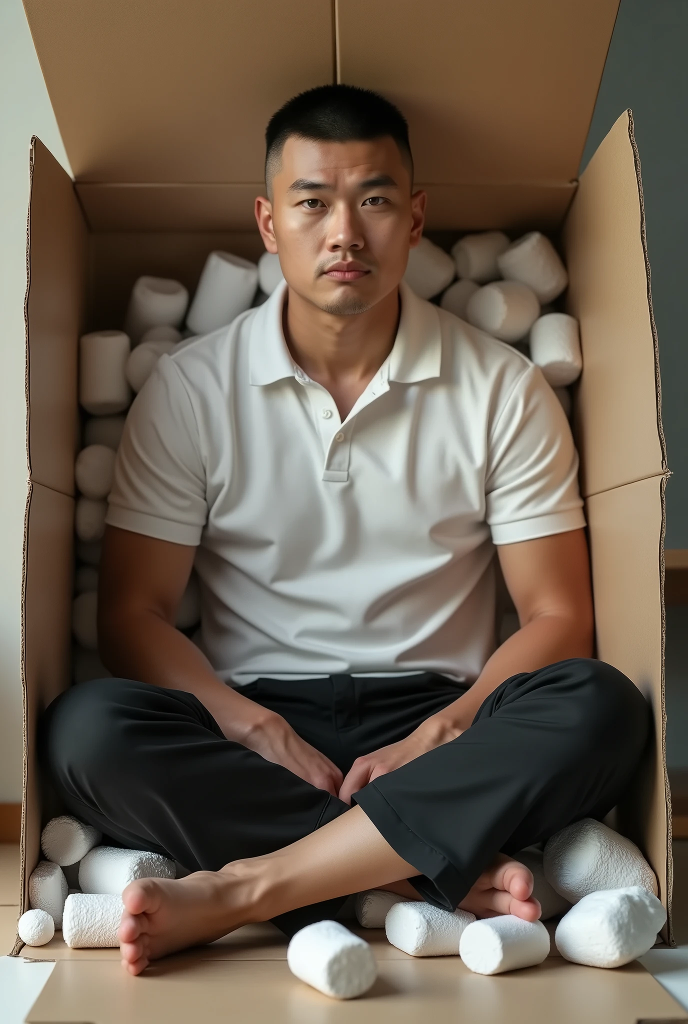 Imagine a handsome Kazakh., beautiful and realistic round plump face, dressed in a white polo shirt and black loose trousers, sitting inside a cardboard box with polystyrene, realistic legs, whole body, Spreading your legs, the hair on the head is black, the lower part of the hair is shaved off to half the head, straight bangs in crop style