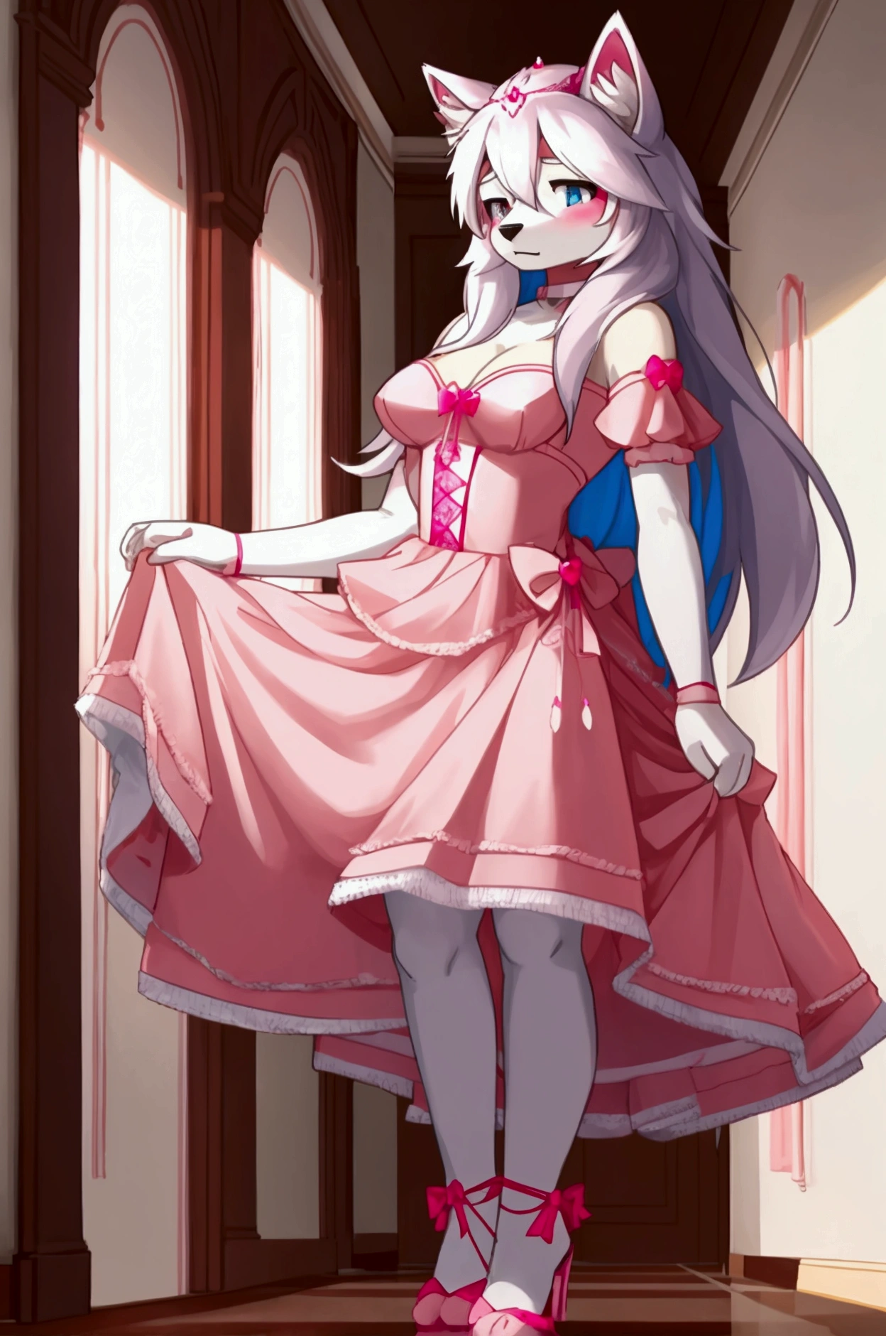A male Siberian Husky breed furry being dressed as a pink sissy dress by his 4 sisters