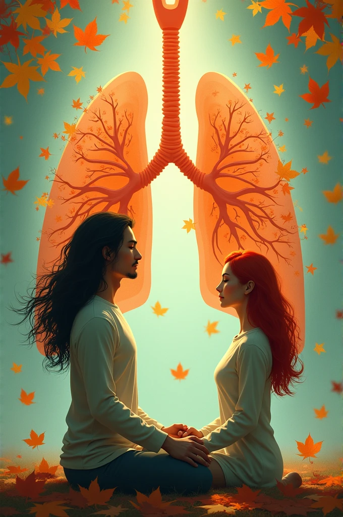Realistic image of a man with long, flowing black hair in front of a red-haired woman. They are practicing breathing techniques and behind them is an image of a giant lung filled with lush green leaves and flowers.. It's very windy and leaves are flying.