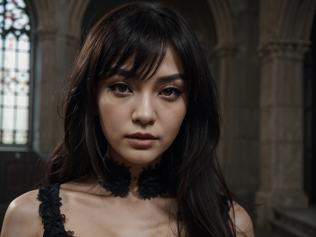 A highly detailed photorealistic image, half-body, a close up of a beautiful japanese woman, long hair with bangs, dreamy gothic girl, gothic make-up, she is a vampire, beautiful face, detailed face, elegant render, half body photo, mistress, photoshop render, cinematic lighting, ebony rococo, elegant girl, female spy, haunting beautiful young woman, detailed face, extravagant dress, beauty girl, very femenine, abandoned gothic cathedral at background, dark haze atmoosphere, ambient dust