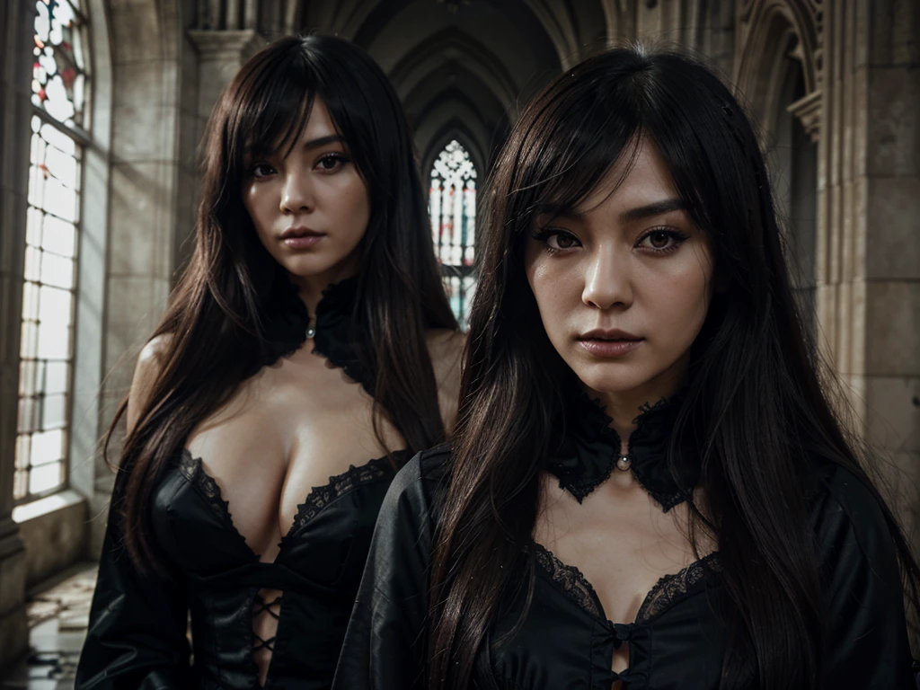 A highly detailed photorealistic image, half-body, a close up of a beautiful japanese woman, long hair with bangs, dreamy gothic girl, gothic make-up, she is a vampire, beautiful face, detailed face, elegant render, half body photo, mistress, photoshop render, cinematic lighting, ebony rococo, elegant girl, female spy, haunting beautiful young woman, detailed face, extravagant dress, beauty girl, very femenine, abandoned gothic cathedral at background, dark haze atmoosphere, ambient dust