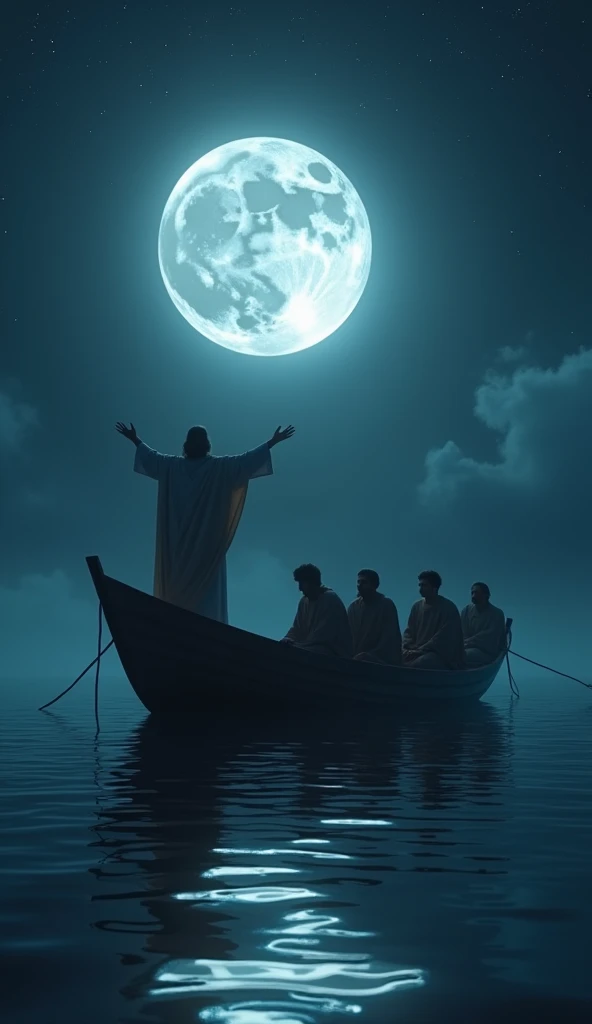 

       Create a realistic, 8K cinematic-quality image in full resolution of Jesus standing at the bow of a boat, preaching to his disciples seated along the sides, in the middle of the sea at night. The scene should be set under a deep, starry sky with a bright, full moon providing a cool, silvery light. The moonlight should create a soft reflection on the calm waters, enhancing the serene and divine atmosphere. Jesus, depicted in traditional attire, stands at the bow with his arms open, facing forward as he delivers his message. His disciples, seated on the sides of the boat, listen attentively in the moonlit darkness. Capture the tranquility of the scene with a focus on the contrast between the dark night sky and the illuminated figures."

