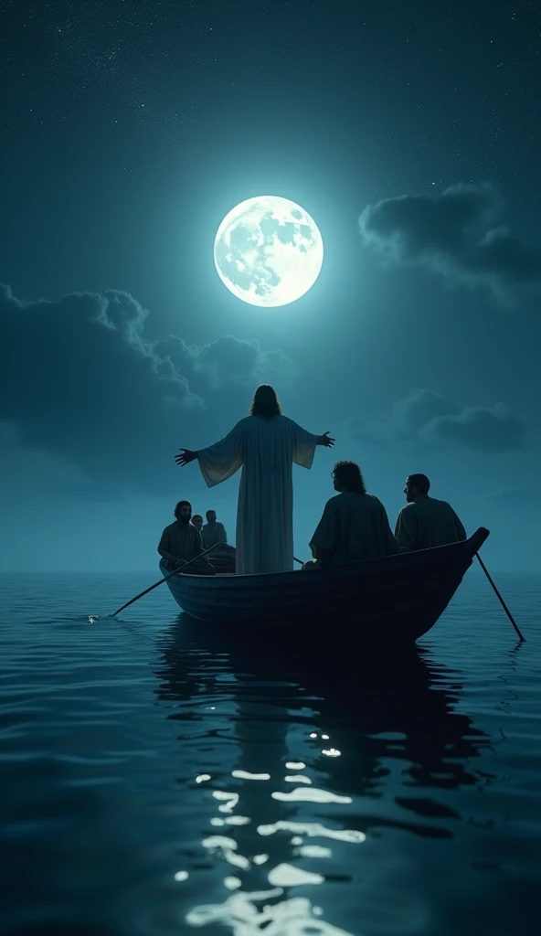 

       Create a realistic, 8K cinematic-quality image in full resolution of Jesus standing at the bow of a boat, preaching to his disciples seated along the sides, in the middle of the sea at night. The scene should be set under a deep, starry sky with a bright, full moon providing a cool, silvery light. The moonlight should create a soft reflection on the calm waters, enhancing the serene and divine atmosphere. Jesus, depicted in traditional attire, stands at the bow with his arms open, facing forward as he delivers his message. His disciples, seated on the sides of the boat, listen attentively in the moonlit darkness. Capture the tranquility of the scene with a focus on the contrast between the dark night sky and the illuminated figures."

