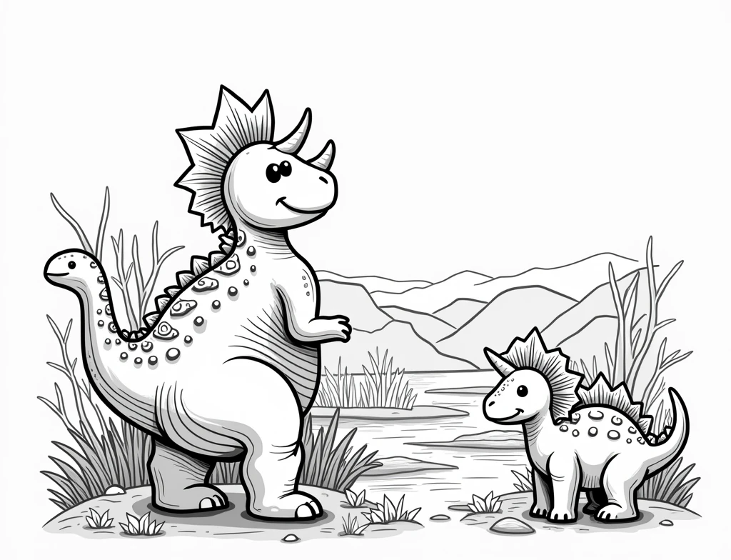 intricate black and white coloring book illustration, adorable and minimalist, triceratops, stegosaurus, grazing peacefully by a river, detailed line art, simple shapes, monochrome, high contrast, clean design, whimsical, educational, natural scenery, serene, (best quality,4k,8k,highres,masterpiece:1.2),ultra-detailed