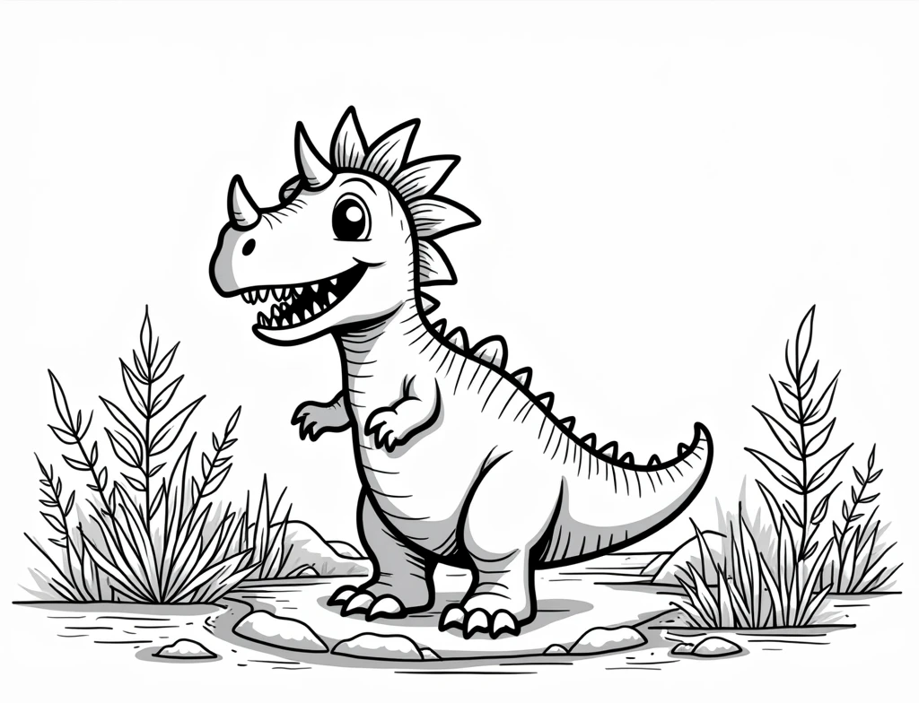 intricate black and white coloring book illustration, adorable and minimalist, triceratops, stegosaurus, grazing peacefully by a river, detailed line art, simple shapes, monochrome, high contrast, clean design, whimsical, educational, natural scenery, serene, (best quality,4k,8k,highres,masterpiece:1.2),ultra-detailed