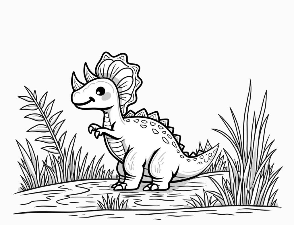 intricate black and white coloring book illustration, adorable and minimalist, triceratops, stegosaurus, grazing peacefully by a river, detailed line art, simple shapes, monochrome, high contrast, clean design, whimsical, educational, natural scenery, serene, (best quality,4k,8k,highres,masterpiece:1.2),ultra-detailed