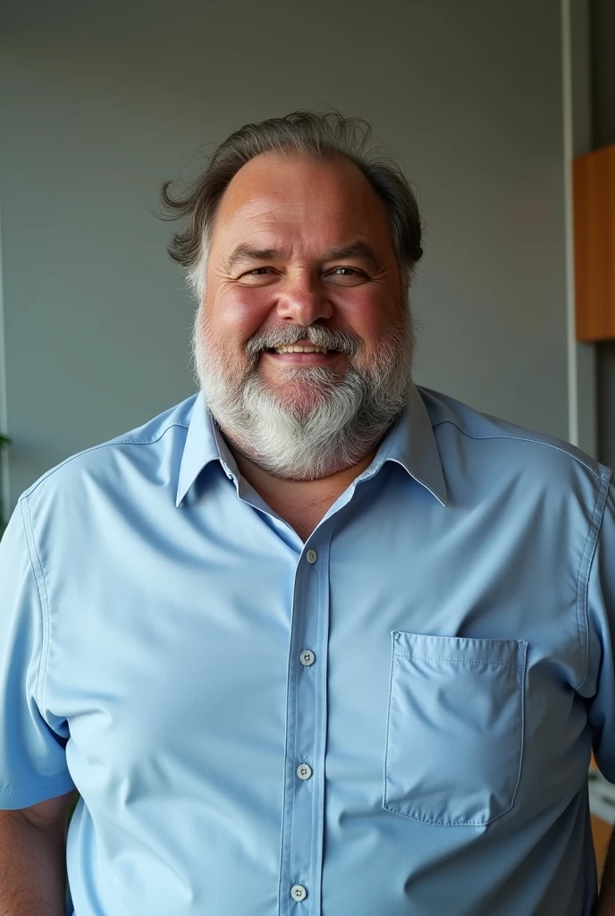 Now create a senior sales man, with a Brazilian face, 30years, with a salesman's manner. plumpness, scruffy beard, half bald. The background should be an office wall, He must be wearing a light blue dress shirt. It must be very realistic, he must look like a family man.