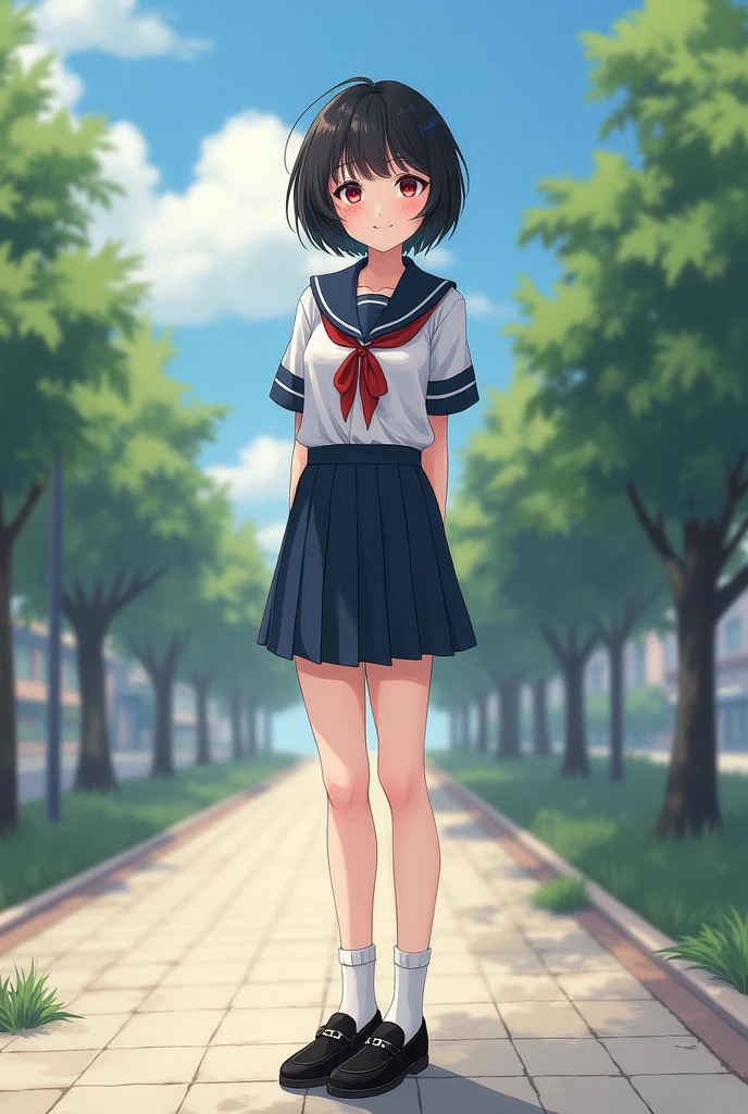 Standing by an empty school、high school girl、Black short hair、uniform、skirt,Deep red eyes、barefoot、Cool smile、Full body portrait,Black Loafers,White socks