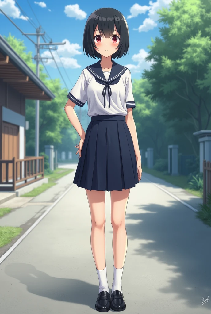 Standing by an empty school、high school girl、Black short hair、uniform、skirt,Deep red eyes、barefoot、Cool smile、Full body portrait,Black Loafers,White socks