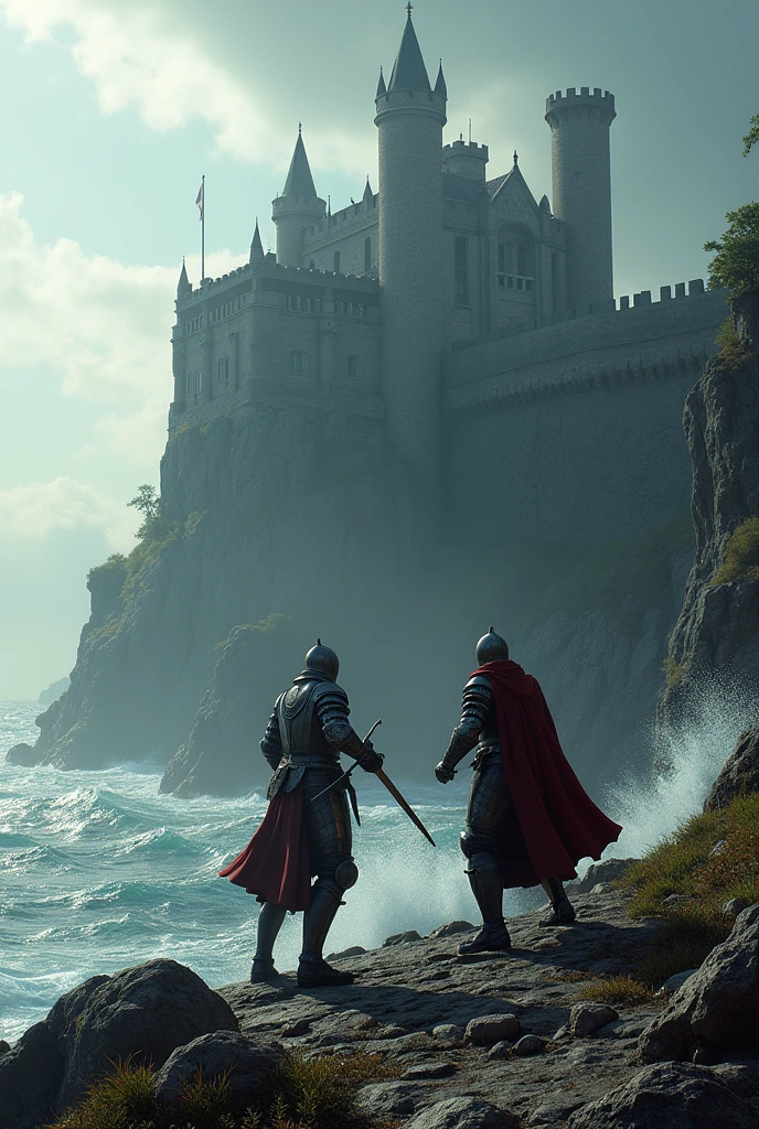 Medieval castle near the sea with a knight fight 