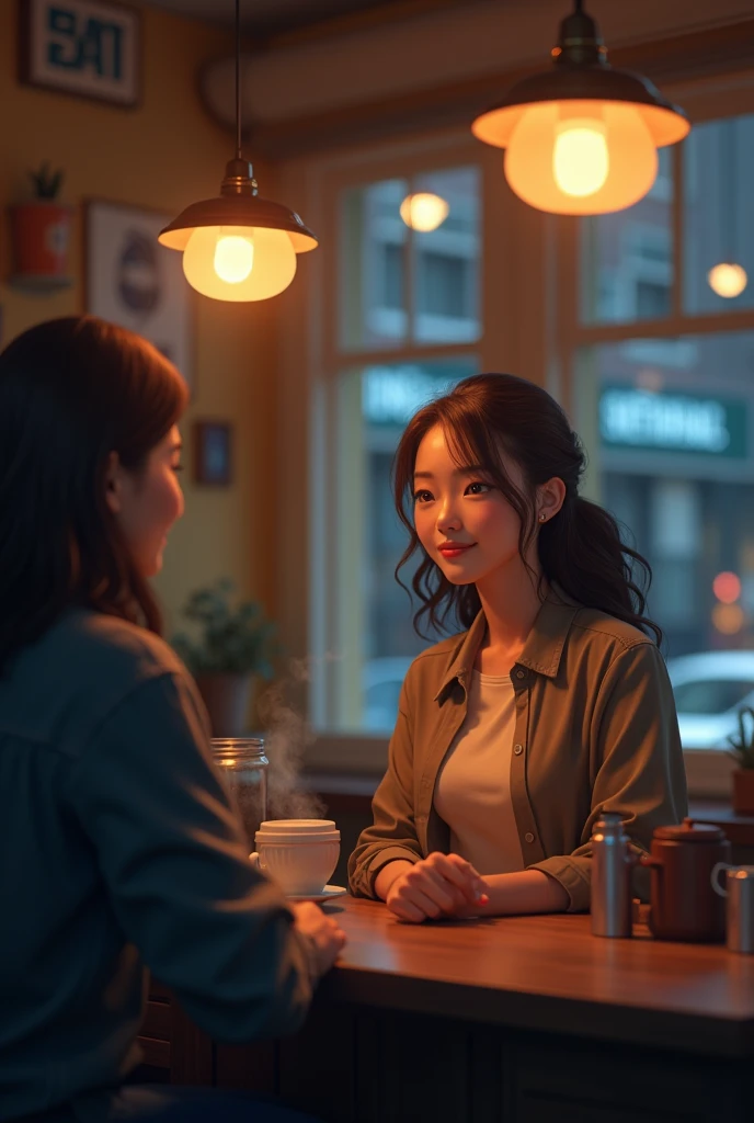 a girl behind a counter, warm pendant lights, intimate late night cafe scene, realistic, photorealistic, 4k, high quality, masterpiece, extremely detailed, professional, vivid colors, ambient lighting, conversation, customer, cozy interior, cafe atmosphere, soft focus, depth of field