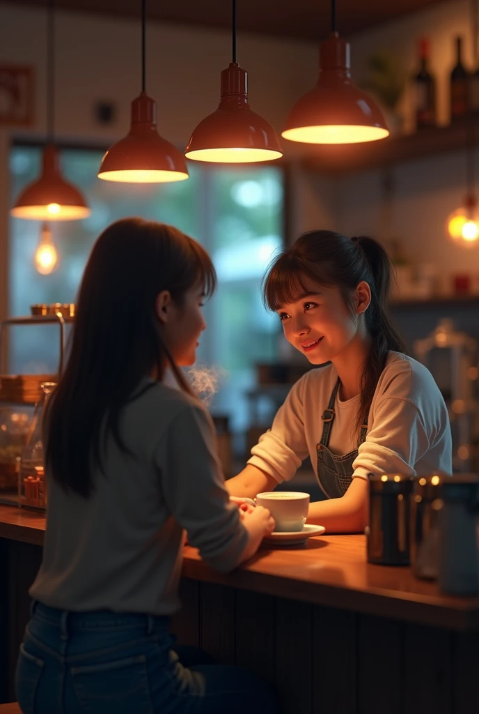 a girl behind a counter, warm pendant lights, intimate late night cafe scene, realistic, photorealistic, 4k, high quality, masterpiece, extremely detailed, professional, vivid colors, ambient lighting, conversation, customer, cozy interior, cafe atmosphere, soft focus, depth of field