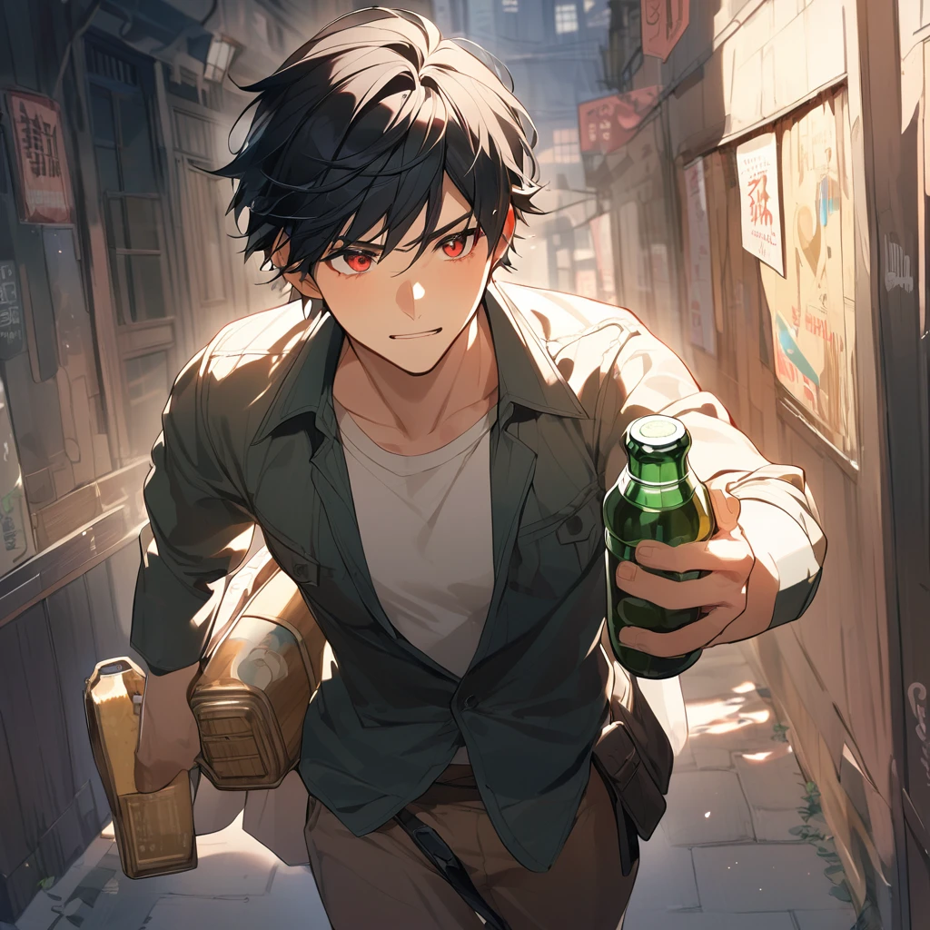 man, black hair, red eyes, carrying a beer bottle