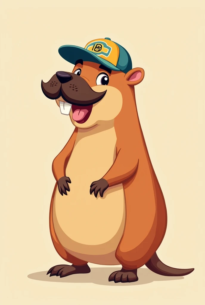 A male capybara with a mustache and a cap cartoon drawing