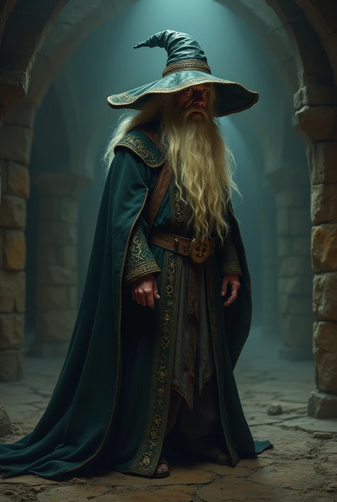 one  men, with long blond hair, Scrawny, medieval wizard outfit