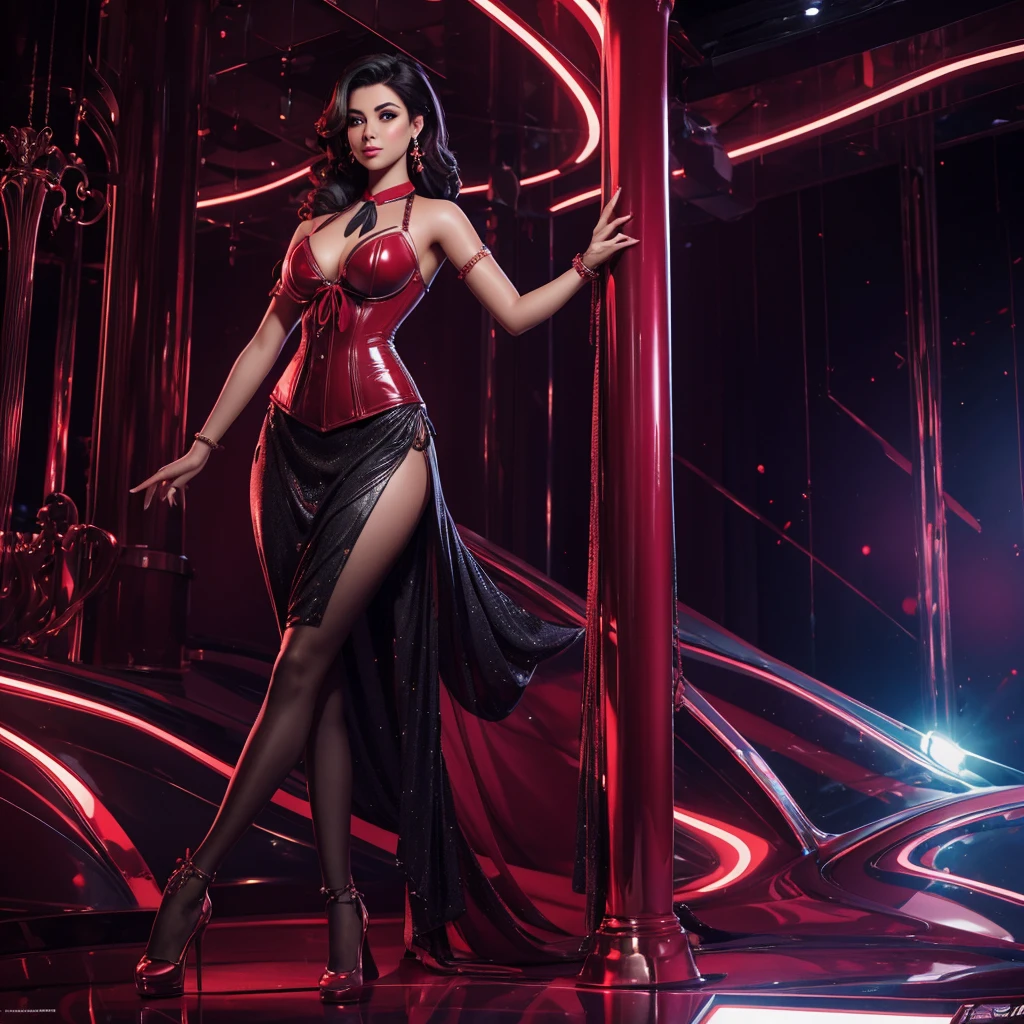 photorealistic digital rendering of a Pakistani woman posing on a pole in a transparent suit, with a red leather corset, highlighting her gorgeous figure. The scene is set in a glitzy nightclub-inspired environment with neon ambiance, rich deep colors, and a dreamy glow. The woman should be depicted in a full-body shot, with her hands behind her body in a pose, and a red tie around her neck. The image should be styled after pin-up models, with stylized poses and a focus on the woman's physique. The camera angle should be f 5.6, 85mm, and the image should be de-noised. Please ensure the woman's skin has a realistic, oiled appearance, similar to a plastic doll, and her features are perfectly proportioned.