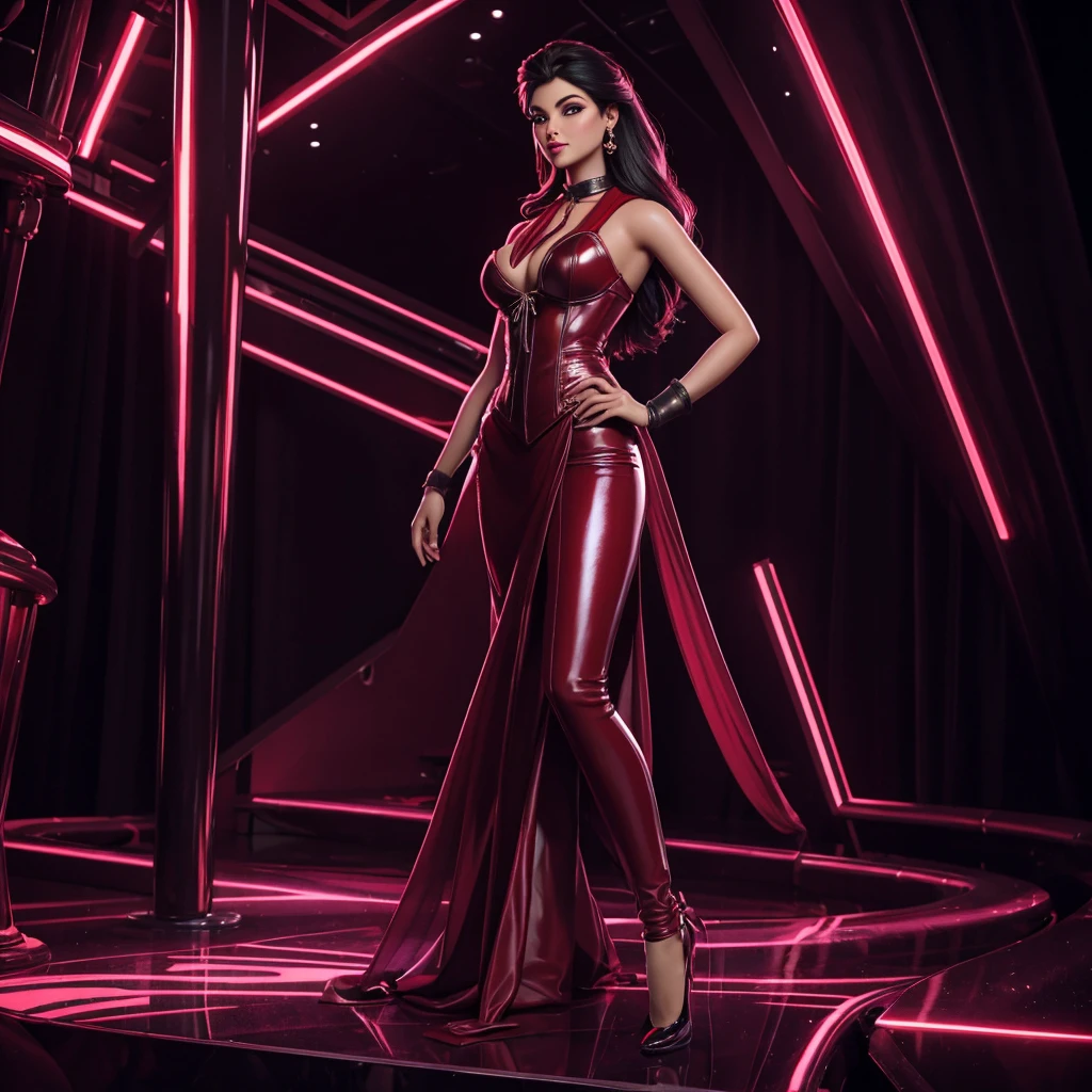 photorealistic digital rendering of a Pakistani woman posing on a pole in a transparent suit, with a red leather corset, highlighting her gorgeous figure. The scene is set in a glitzy nightclub-inspired environment with neon ambiance, rich deep colors, and a dreamy glow. The woman should be depicted in a full-body shot, with her hands behind her body in a pose, and a red tie around her neck. The image should be styled after pin-up models, with stylized poses and a focus on the woman's physique. The camera angle should be f 5.6, 85mm, and the image should be de-noised. Please ensure the woman's skin has a realistic, oiled appearance, similar to a plastic doll, and her features are perfectly proportioned.