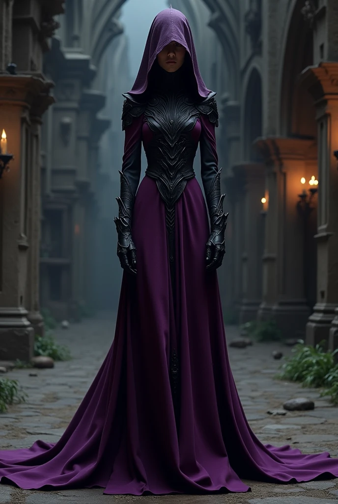 Black and purple framed dress with Medieval hood