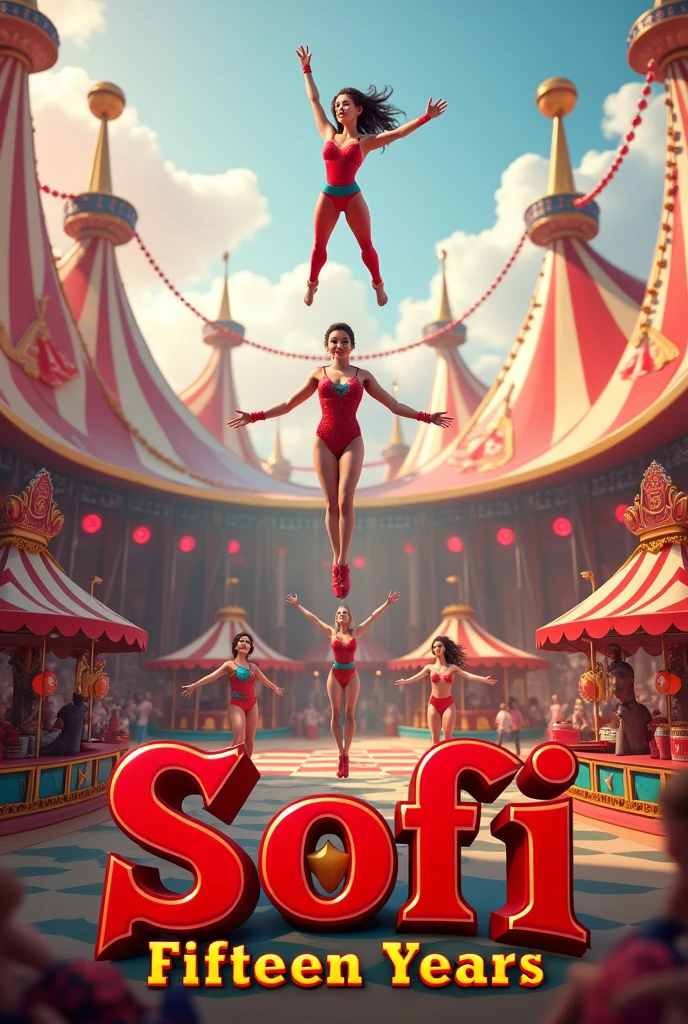 You are a graphic designer, create a 3d circus image, and coloca en letras grandes el nombre de "SOFI" and "Fifteen years"