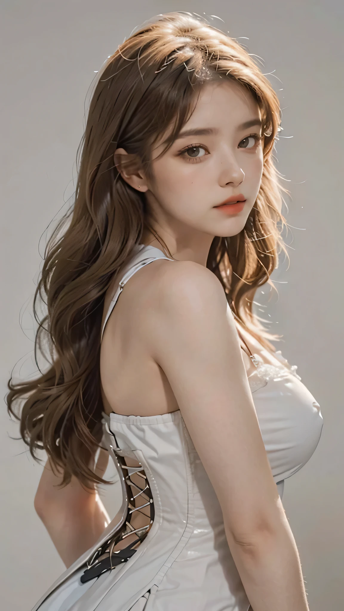 1girl, solo, looking at viewer, blonde long hair, wearing a corset, big ass, brown eyes, upper body, grey background, normal tits, lips, realistic, .