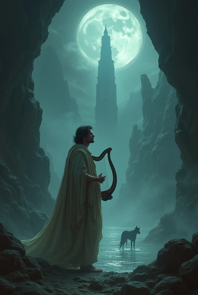 Orpheus descending to the underworld to rescue Eurydice
