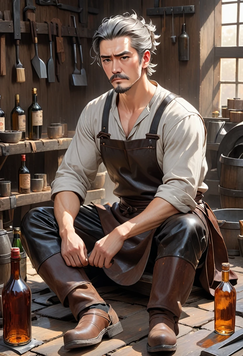 Average appearance, rectangular face, slightly pointed chin, rounded jaw, a distressed look, bottles of booze on the floor, sitting on the floor, messy hair, streak of gray hair, slicked back hair, short beard, Simple tunic, leather trousers, Blacksmith's apron, fit but not too muscular build from being a blacksmith, furrowed brows, frowning