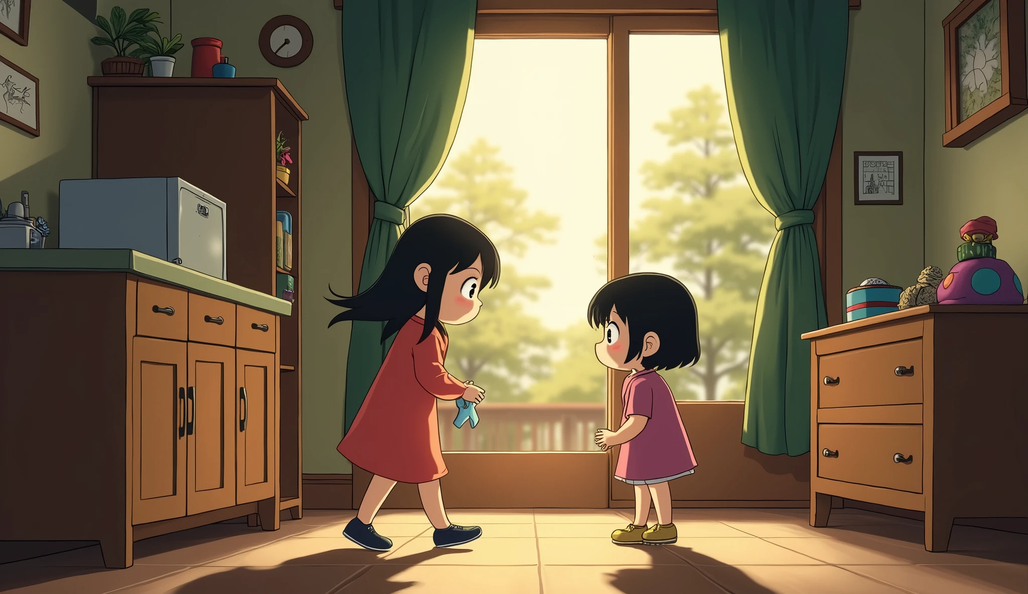A poignant Studio Ghibli scene showing Clara walking cautiously through a warm but tense household. She is depicted with a nervous expression, carefully watching her every step to avoid upsetting their strict parents. Sofia, portrayed with a subtle competitive glint, eyes Clara from the side, always wanting what Clara has, from toys to attention. In the background, Sofia holds a larger doll while Clara clutches hers tightly, showing the imbalance. Meanwhile, the middle child is depicted in the shadows between the two sisters, watching the tension unfold while trying to remain invisible, a silent observer in the household drama.