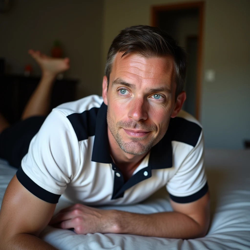 makes image of a white man, at 3, model type, with short dark hair, with blue eyes, wearing a white and black polo shirt buttoned up to the neck, black pants, posing sideways, looking into the distance at the camera, wearing shorts, lying down on a bed. Unprofessional photo, type of cell phone and a little blurry so it doesn&#39;t look fake.