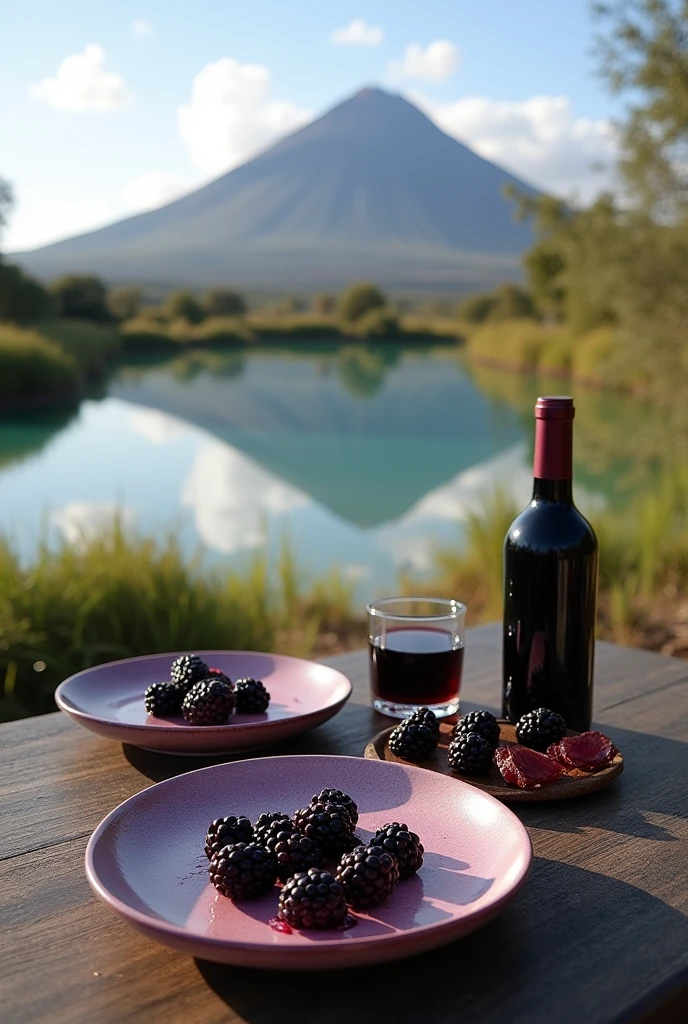 An image with the Chiles volcano in the background, a lagoon at the foot of the volcano, a few blackberry plates and half a bottle of blackberry wine